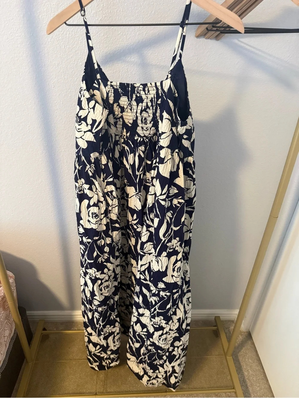 A New Day Sundress Navy Blue and White Floral Maxi Dress Spaghetti Straps Size L